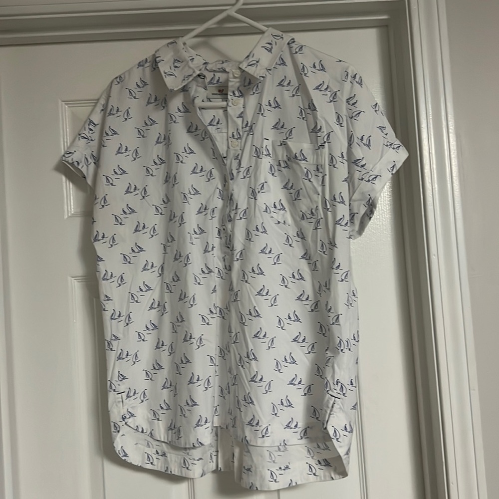 JCrew popover short sleeve, navy sailboat print, size 12